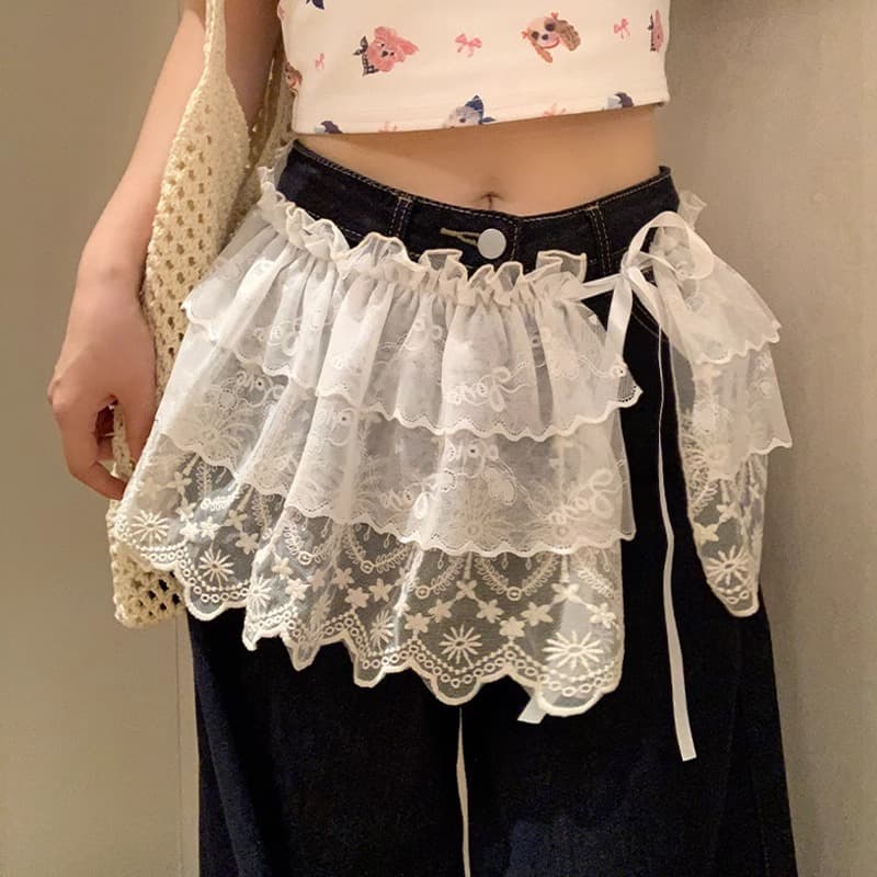 Lace skirt butt curtain Korean style layered white ballet style women's spring and summer straps with jeans butt-covering short skirt