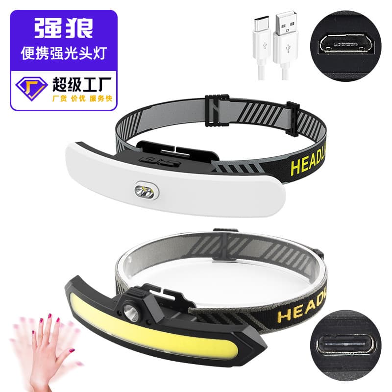 Cross-border New COB Headlamp USB Rechargeable Outdoor Cycling Floodlight Headlamp Red Light Warning Sensor Running Headlamp