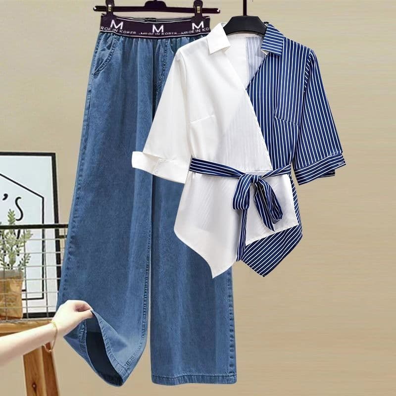 Wholesale Plus Size Women's Set for 200 lbs, Patchwork Fake Two-Piece Shirt with Slimming Versatile Pants Two-Piece Set