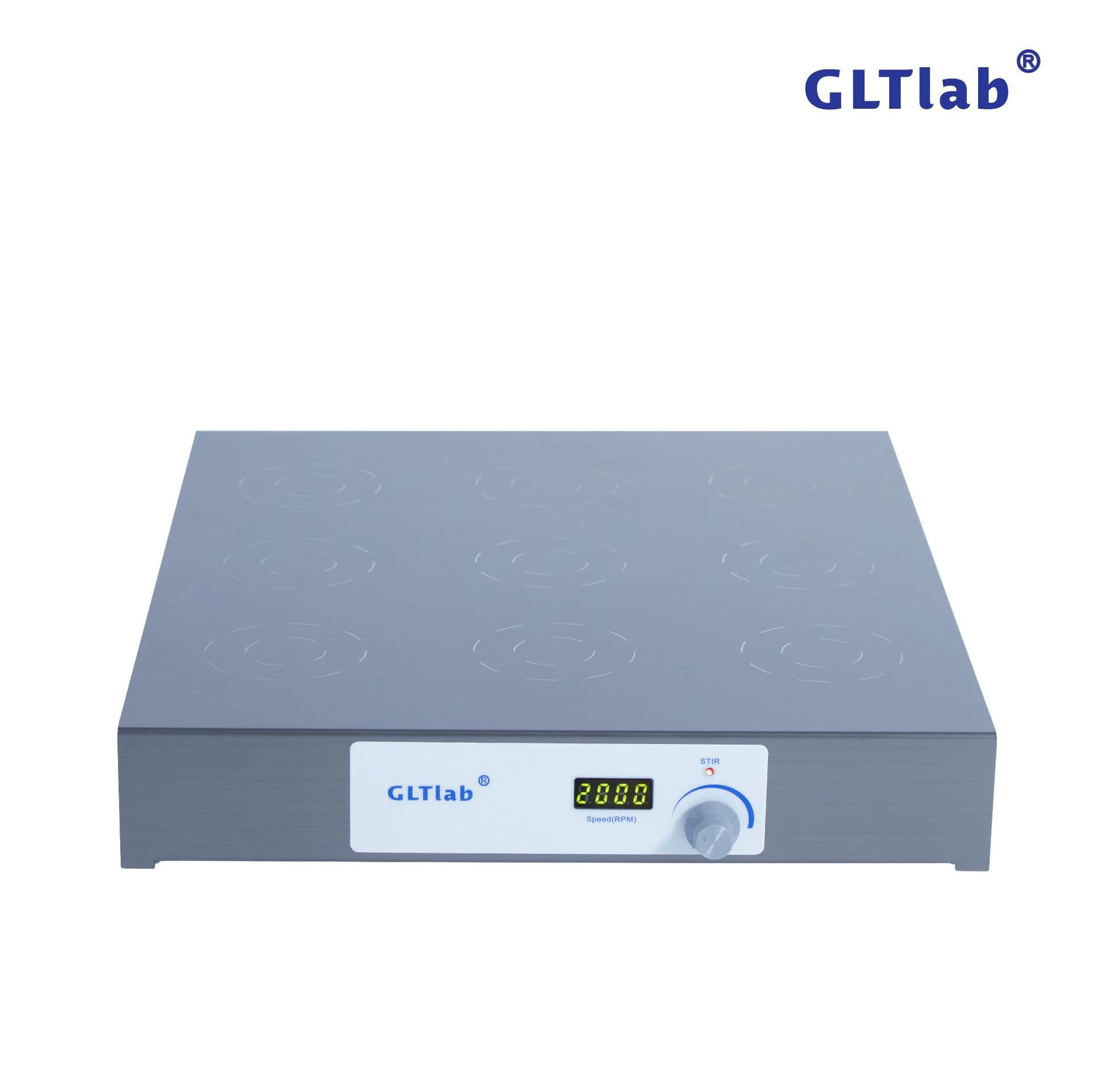 9-position ultra-thin stainless steel magnetic stirrer with speed range from 100 to 2000 rpm, optional timer or RS485