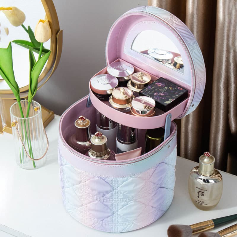 Portable Bucket Bag Large Capacity Rainbow Diamond Pattern Cosmetic Case Storage Box Gift Wedding Portable Household with Mirror