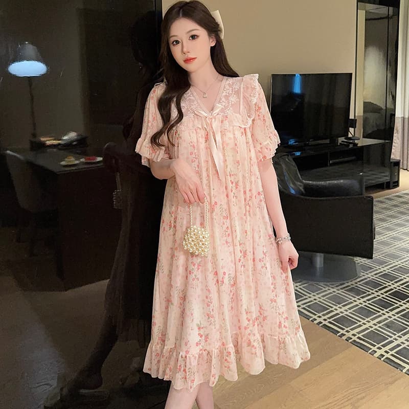 Linglei Summer Floral Lace Bow Mesh Court Princess Mid-Length Sleep Dress Pajamas Homewear for Women