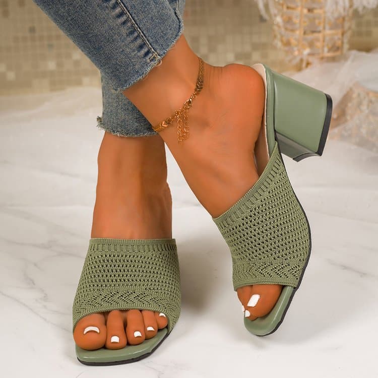 New Cross-Border Trade Europe America Southeast Asia Chunky Heel Knit Upper Breathable Fashion High Heel Sandals Plus Size