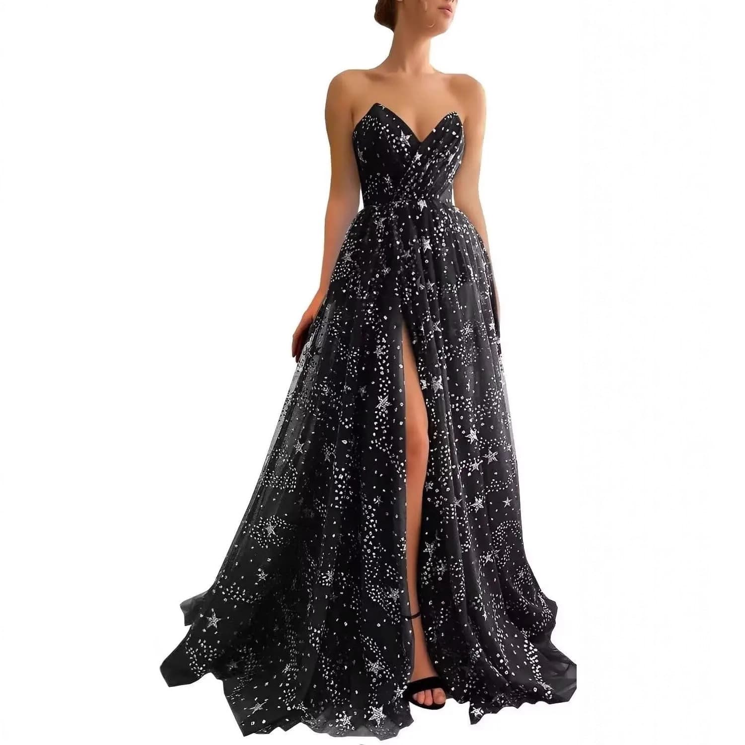 Cross-border Evening Dress European American Glitter Black Navy Blue Starry Tulle Sexy Elegant Party Dress High-end Slit