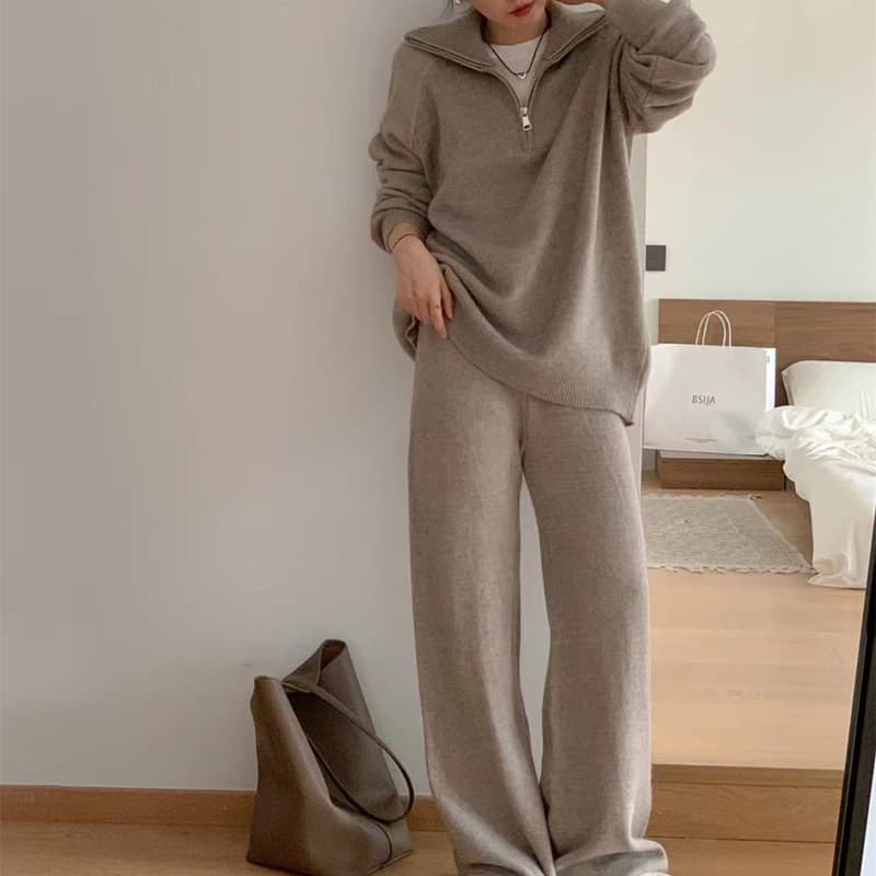 European and American Casual Turn-down Collar Pullover Sweater Set for Women, New Autumn and Winter Loose Fit Slimming Knit Wide-leg Long Pants Two-piece Set