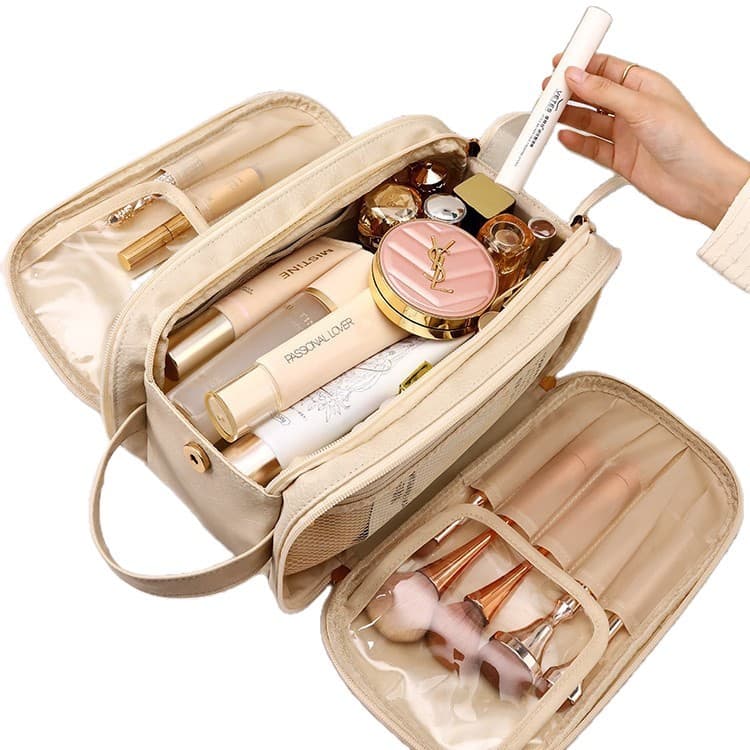 Stylish Double Zipper Makeup Bag Large Capacity Portable Travel Business Trip Premium Makeup Brush Toiletry Bag Organizer