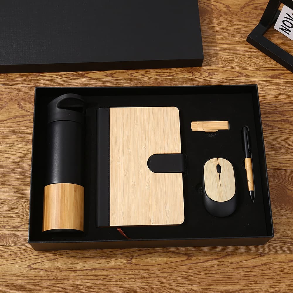 Business gift set mouse wooden bamboo notepad with printed logo notebook gift box set for customers