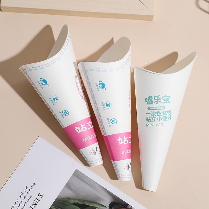 Portable disposable standing urination device for women, especially pregnant women, for outdoor use while standing.