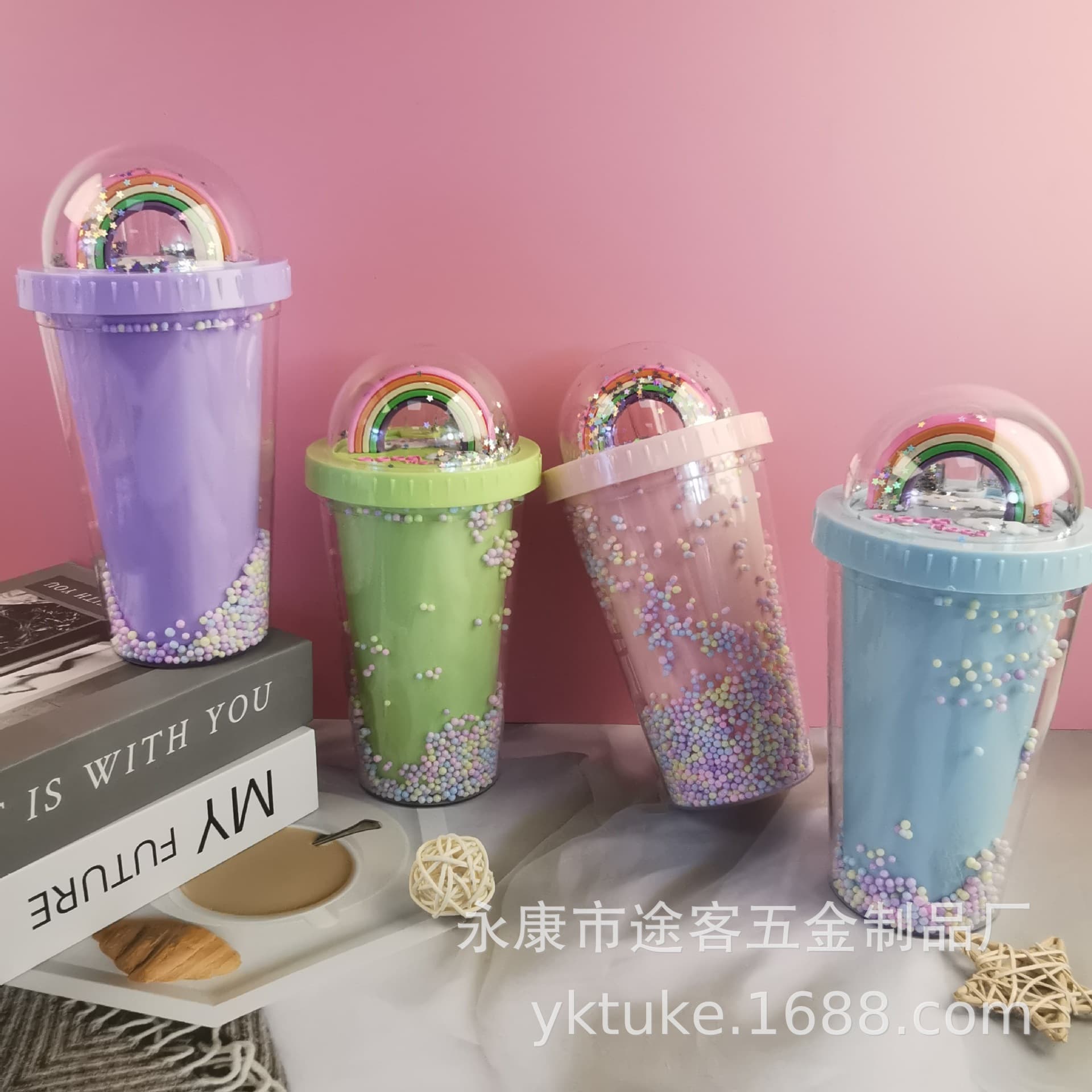 Cross-Border Creative Rainbow Bubble Plastic Straw Cup Internet Celebrity Large-Capacity Milk Tea Cup Micro Landscape Logo Gift Cup