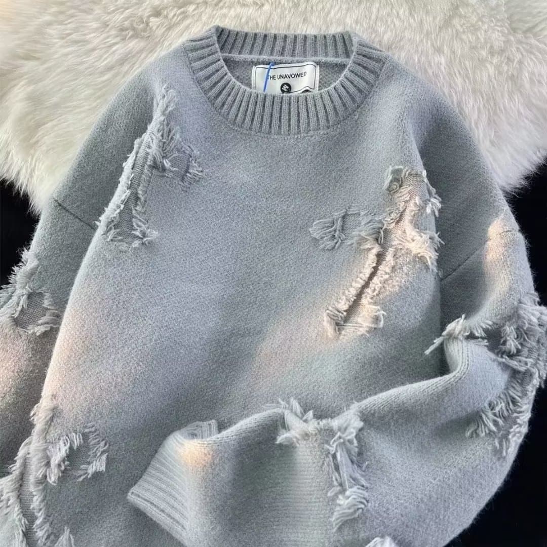 Autumn/Winter Ripped Sweater for Men, Round Neck Pullover, Streetwear High-Street American Retro Japanese Style Knitwear for Teens