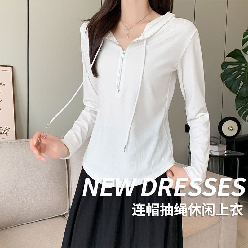 Women's Spring and Summer Thin Zip-Up Long Sleeve Hoodie, Korean Slim Fit Short Sleeve Hooded Sweatshirt