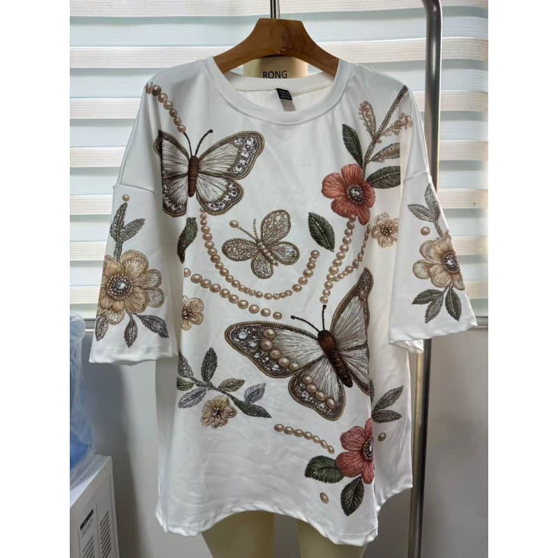 Cross-border Export Summer New Round Neck Loose Top Imitation Embroidery Pearl Butterfly Print Short Sleeve T-Shirt for Women