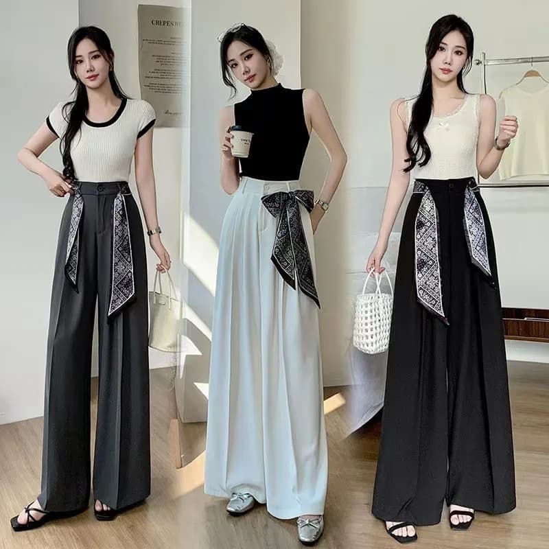 Silk Scarf Wide-Leg Suit Pants for Women 2025 Summer High-Waist Loose Flowy Casual Trousers Fashion Long Pants Floor-Length Pants