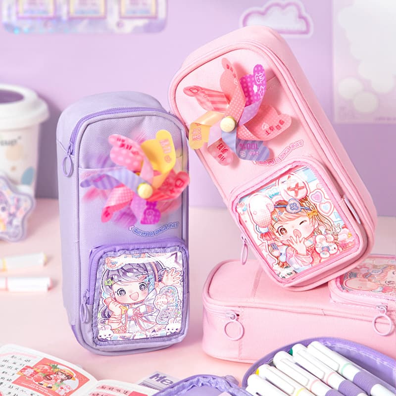 Xinmo Sparkle Lucky Windmill Pencil Case, High-Aesthetic Girl-Heart Backpack-Shaped Pencil Case, Large-Capacity Storage Pencil Case