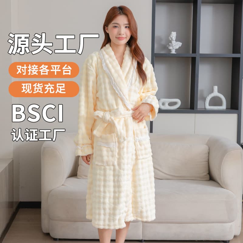 Women's Autumn and Winter Coral Velvet Nightgown Kimono Collar Bathrobe Pajama Set Extra Long Thickened Bathrobe