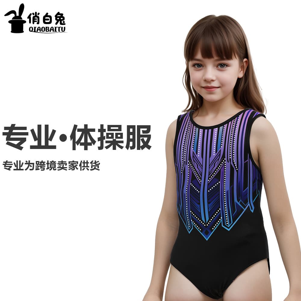Cross-border children's gymnastics clothes, new quick-drying printed high-elastic sports competition training clothes, imitation diamond explosive jumpsuits