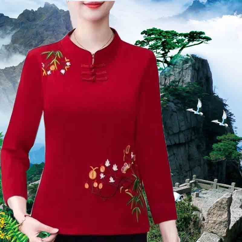 New style women's loose-fitting base layer top for spring, ethnic style, stand collar, embroidered stretch top for middle-aged and elderly women.