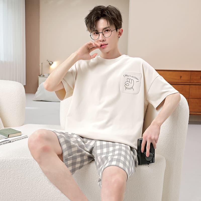 Men's Summer Cotton Short Sleeve Pajama Set 2026 New Style Teen Boys' Plus Size Homewear