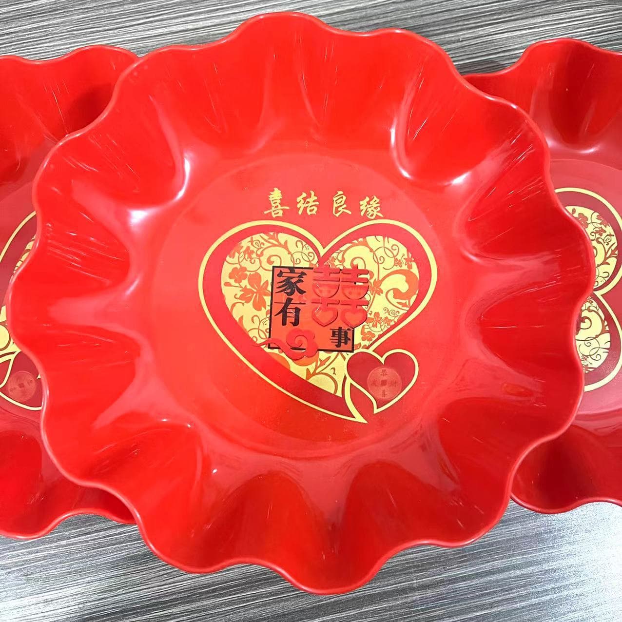 XD323 Plastic Red Fruit Tray for Celebrations, Lace-Edge Candy Dish, Red Lace Snack Plate for $1-$2