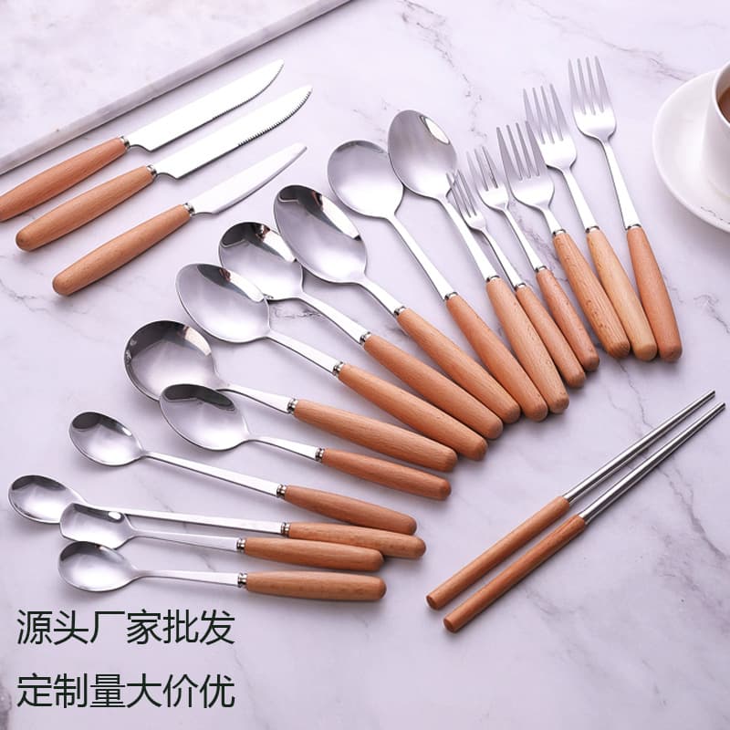Beechwood handle stainless steel cutlery, forks, spoons, fruit chopsticks, Japanese style tableware, household solid spoons and forks, Western style