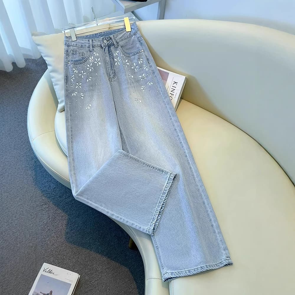 Light Rhinestone Wide-Leg Jeans for Women Summer Thin 2025 New Retro High-End Floor-Length Narrow Straight-Leg Pants