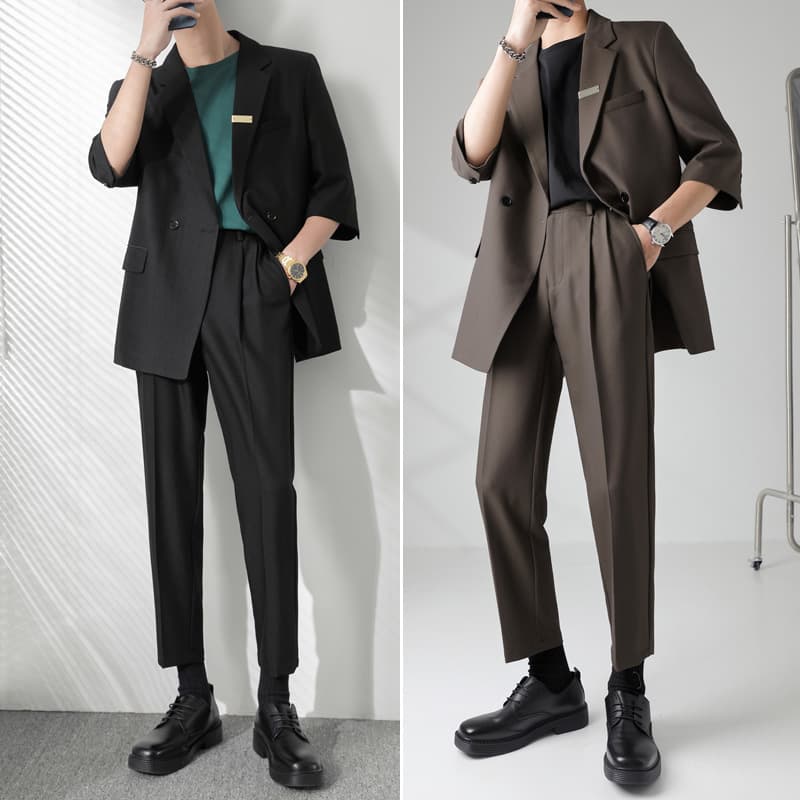 Spring Summer Men's Casual Loose Fit Short Sleeve Suit Set Youth Trendy Korean Style Seven-Quarter Sleeve Suit Elegant