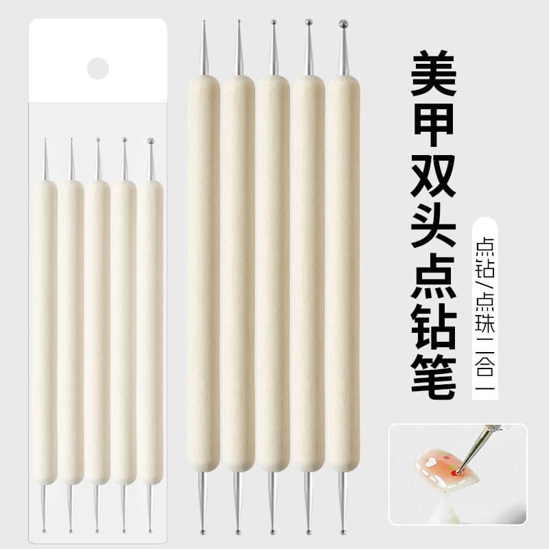 5 pack of manicure dot pens manicure tools double-headed wooden wave dot inlaid with diamond dots for beginners dual-use sticky diamond pen