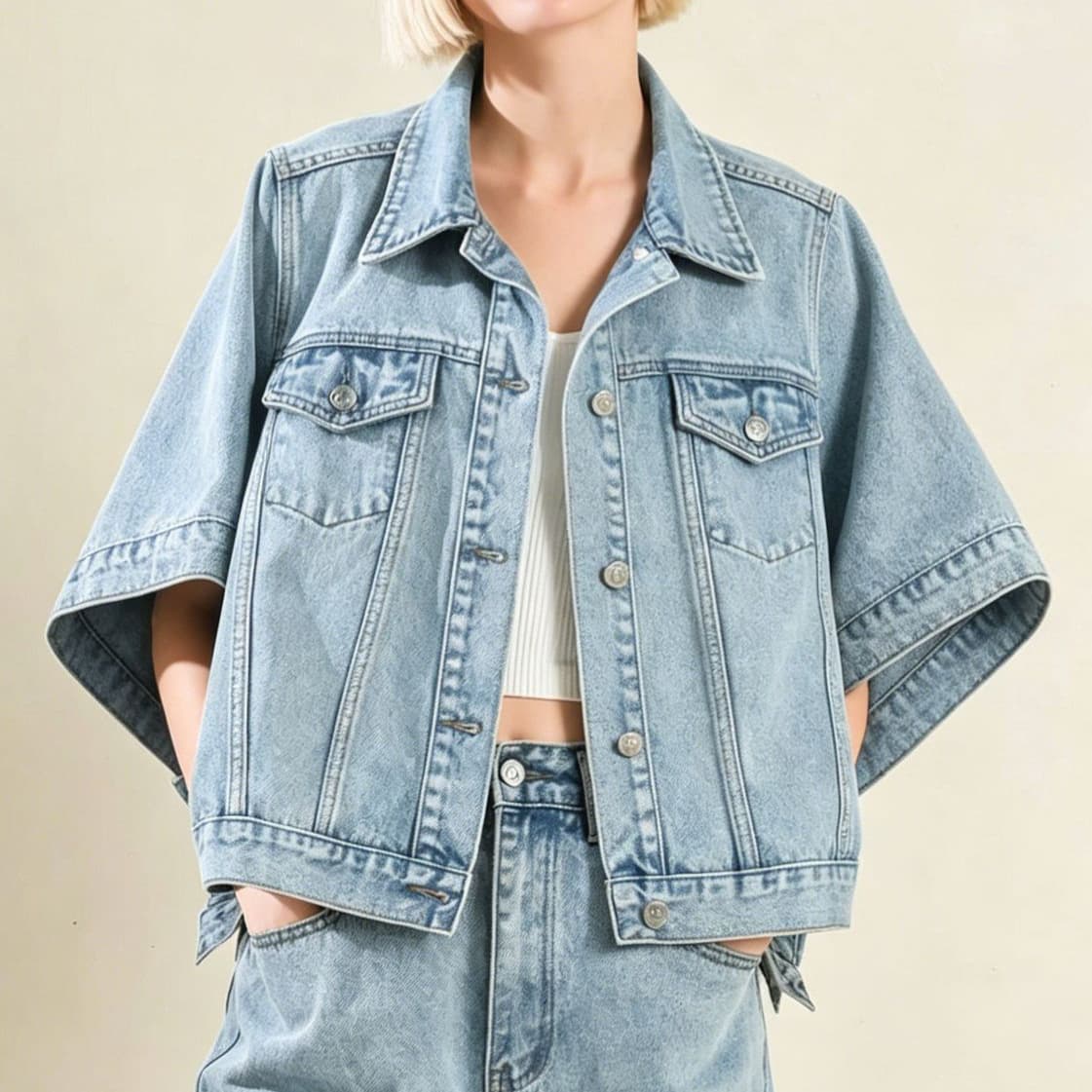 Stonewashed black bat sleeve short denim jacket large size quarter sleeve foreign trade women's clothing factory supply