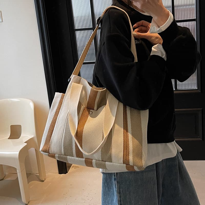 Large Capacity Tote Bag for Female Students Commute Canvas Shoulder Bag Relaxed Striped Contrast Color Women's Casual Handbag