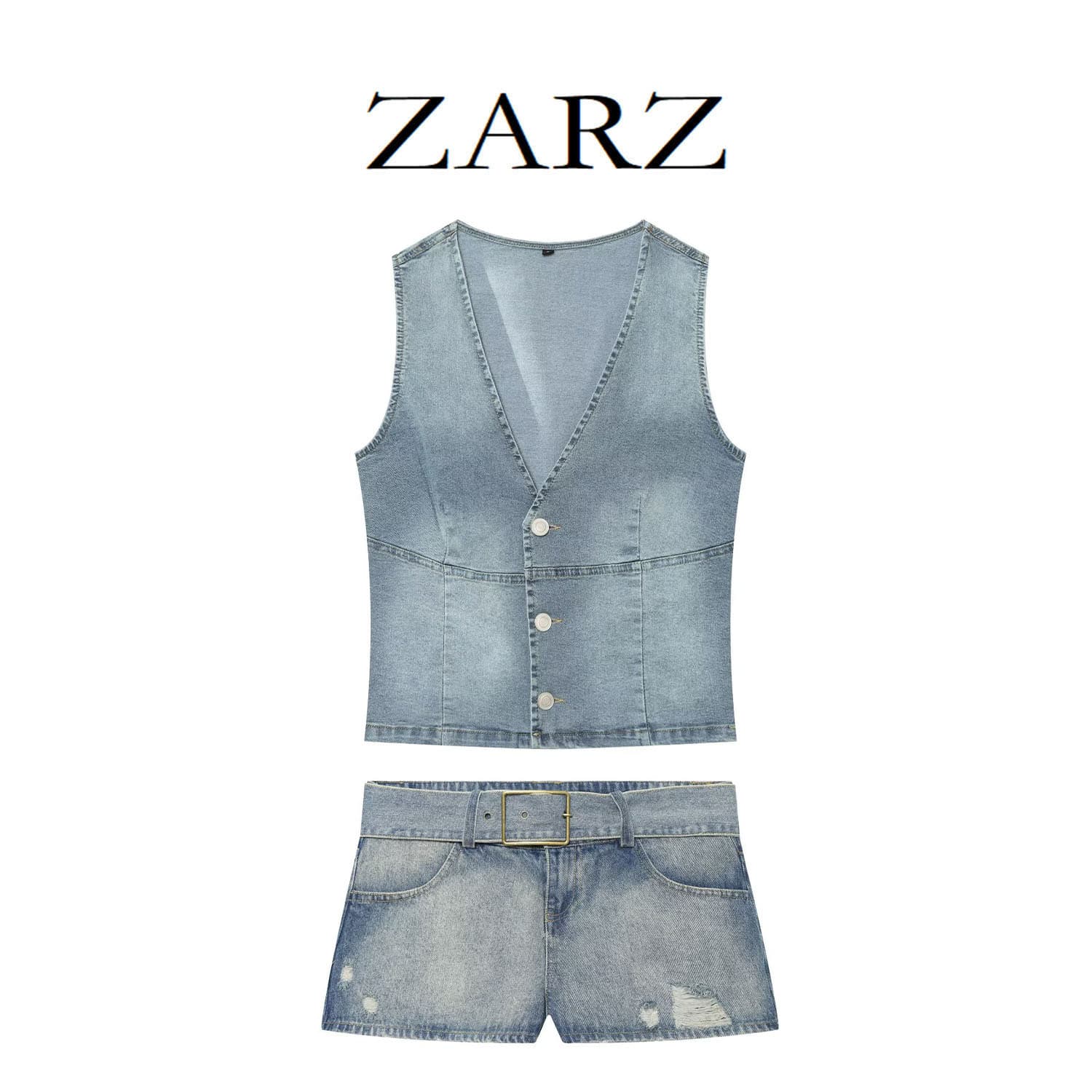Zarz Self-Made European and American Style New Women's Clothing Denim Slim-Fit Vest Top with Belt and Ripped Denim Shorts