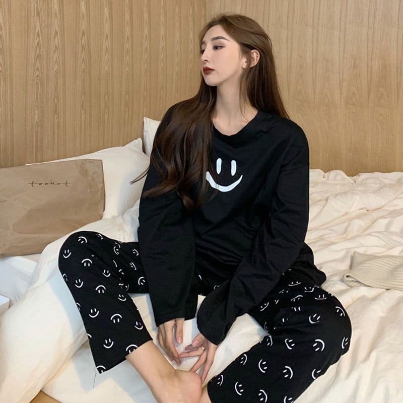 Dongdaemun Korean Smiley Cartoon Pajamas Women Autumn Winter Long Sleeve Long Pants Pullover Korean Casual Set Homewear