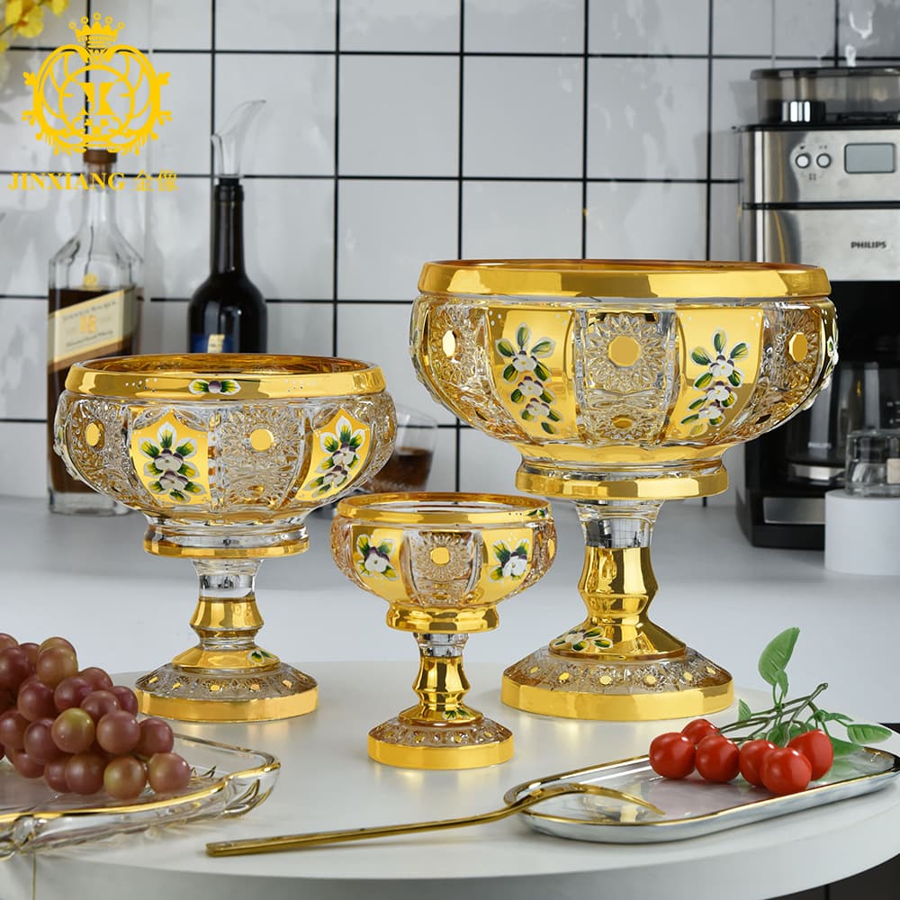 Czech Bohemian Style European Engraved Crystal Glass Fruit Bowl Sunflower Enamel Fruit Plate Vase Ornament