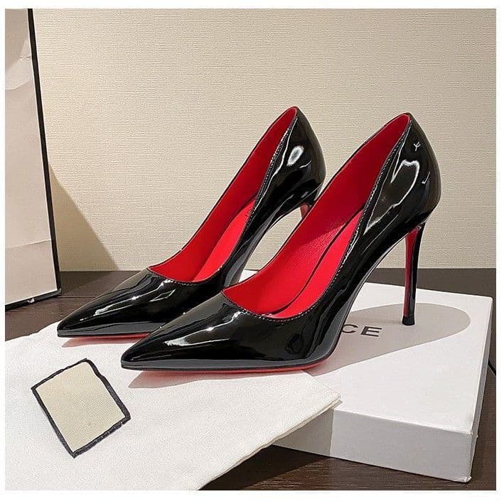 2025 Black Patent Leather Red Sole High Heels Pointed Toe Shallow Mouth Thin Heel Elegant Sexy Single Shoes Nightclub Work Shoes