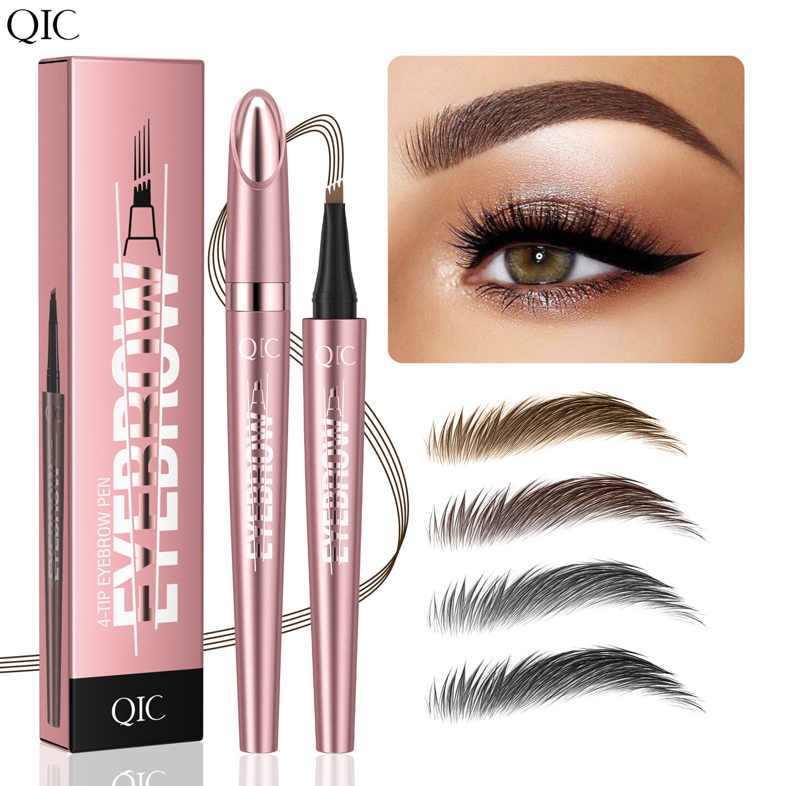 QIC Cross-border New Product Rose Gold Four-prong Eyebrow Pen Wild Waterproof Smudge-proof Liquid Eyebrow Pen