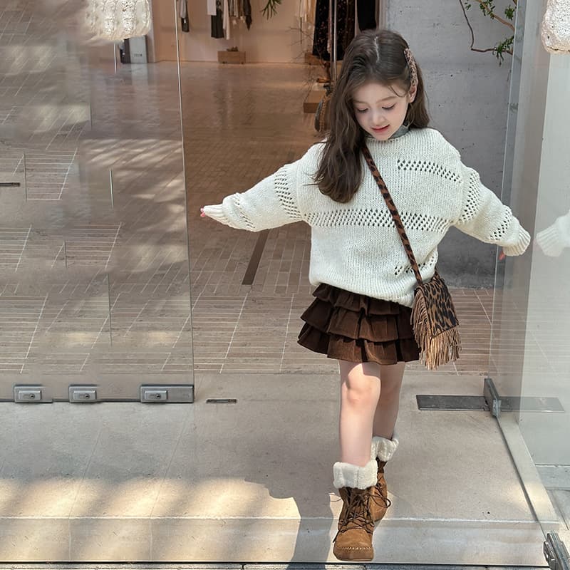 Aimobaby Girls' Korean Style Loose Chic Layered Lace Knit Sweater, Children's Casual Soft Quality Knit Overblouse