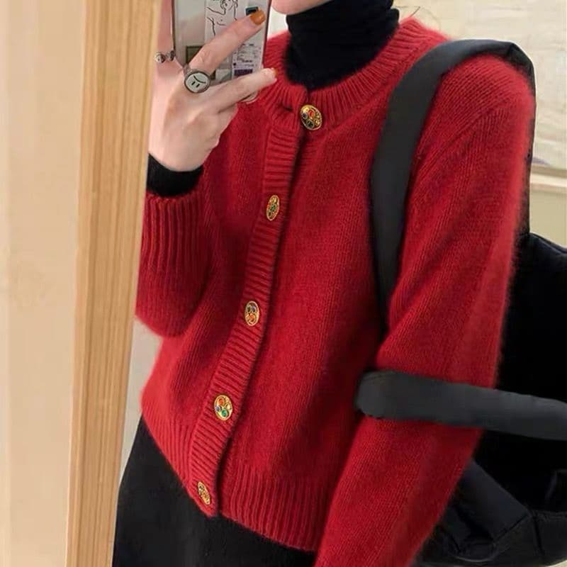 Spring/Autumn New Style Round Neck Cardigan Lazy Style Sweater Short Knitted Top Versatile Red Jacket Women