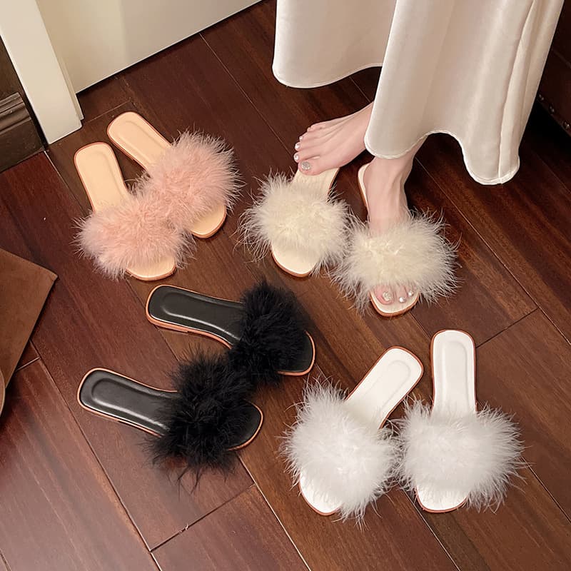 Furry slippers, dressing gown, wedding girl summer outer wear, 2026 fairy style matching skirt, girly heart flat bottom flip flops