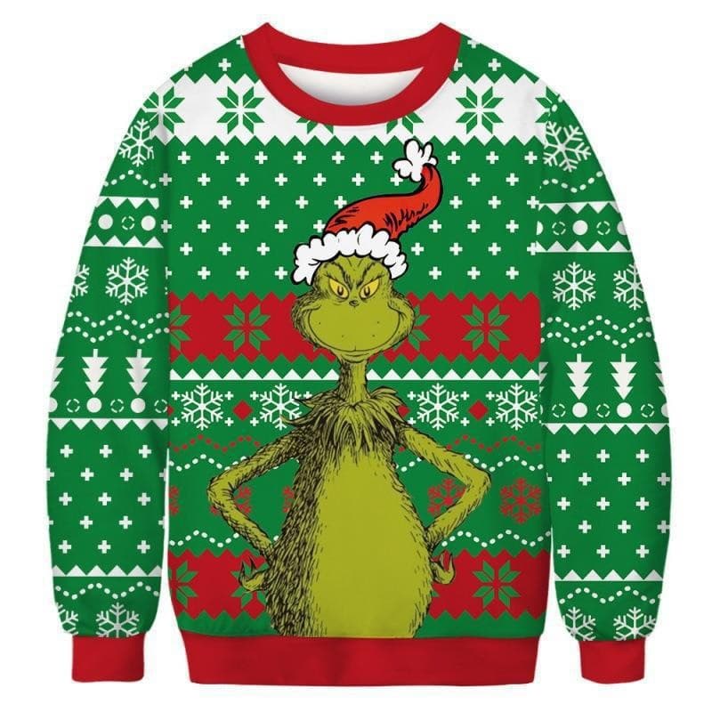 European and American Christmas Grinch Green Monster Crewneck Sweatshirt Men 3D Digital Print Casual Long Sleeve Base Layer Women