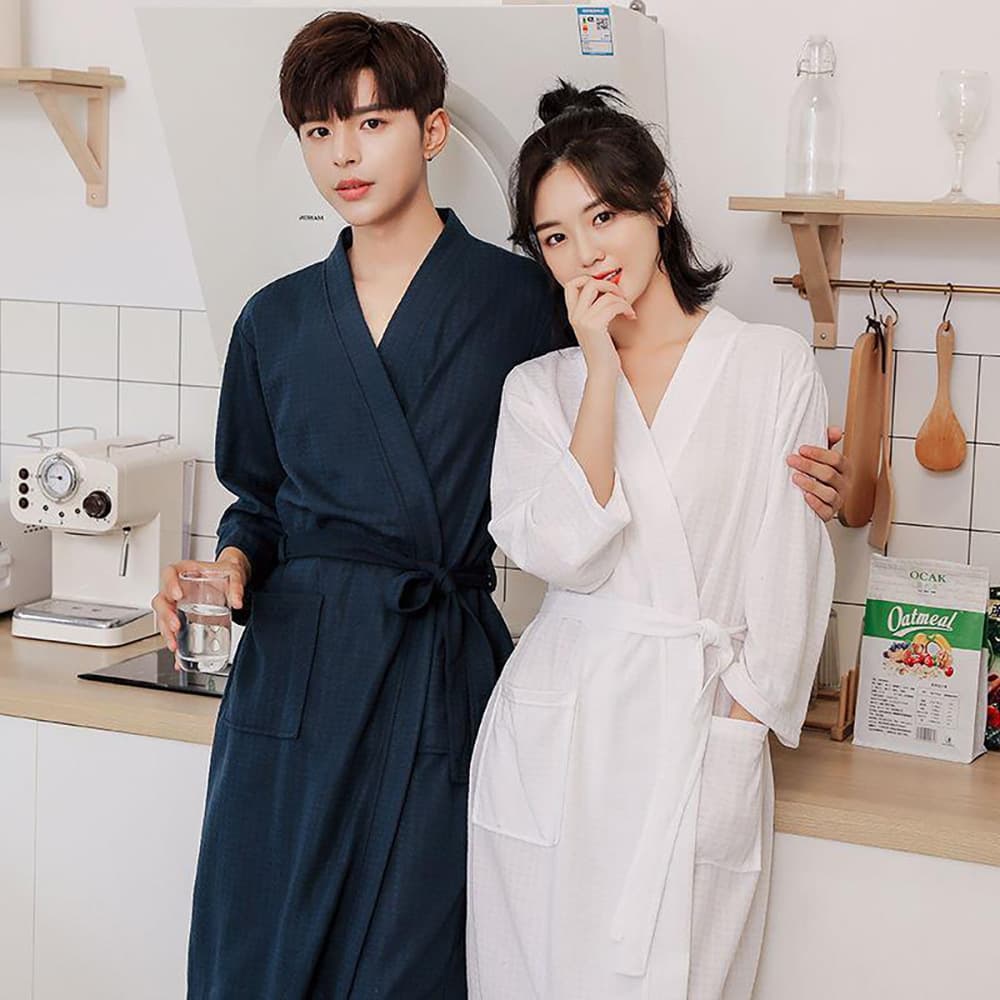 Live Broadcast Spring and Summer Thin Waffle Bathrobe Long-Sleeved Morning Robe Couple Pajamas Mid-Length Bathrobe Plus Size Men's Wholesale