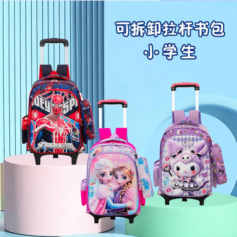 Factory Wholesale 15-inch Elementary Student Trolley Backpack Pencil Case Ultra-Light Weight-Reducing Cartoon Kuromi Double-Shoulder Bag for Kids