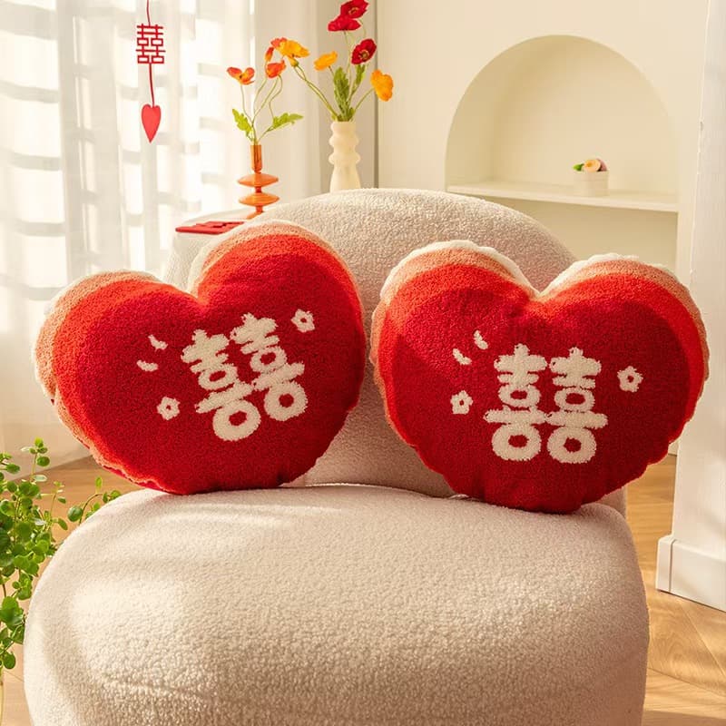 Wedding Bed Pillows with Double Happiness Character, Newlywed Gift, Bed Decoration Pillows, Pair of Pillows for Wedding Room Decoration