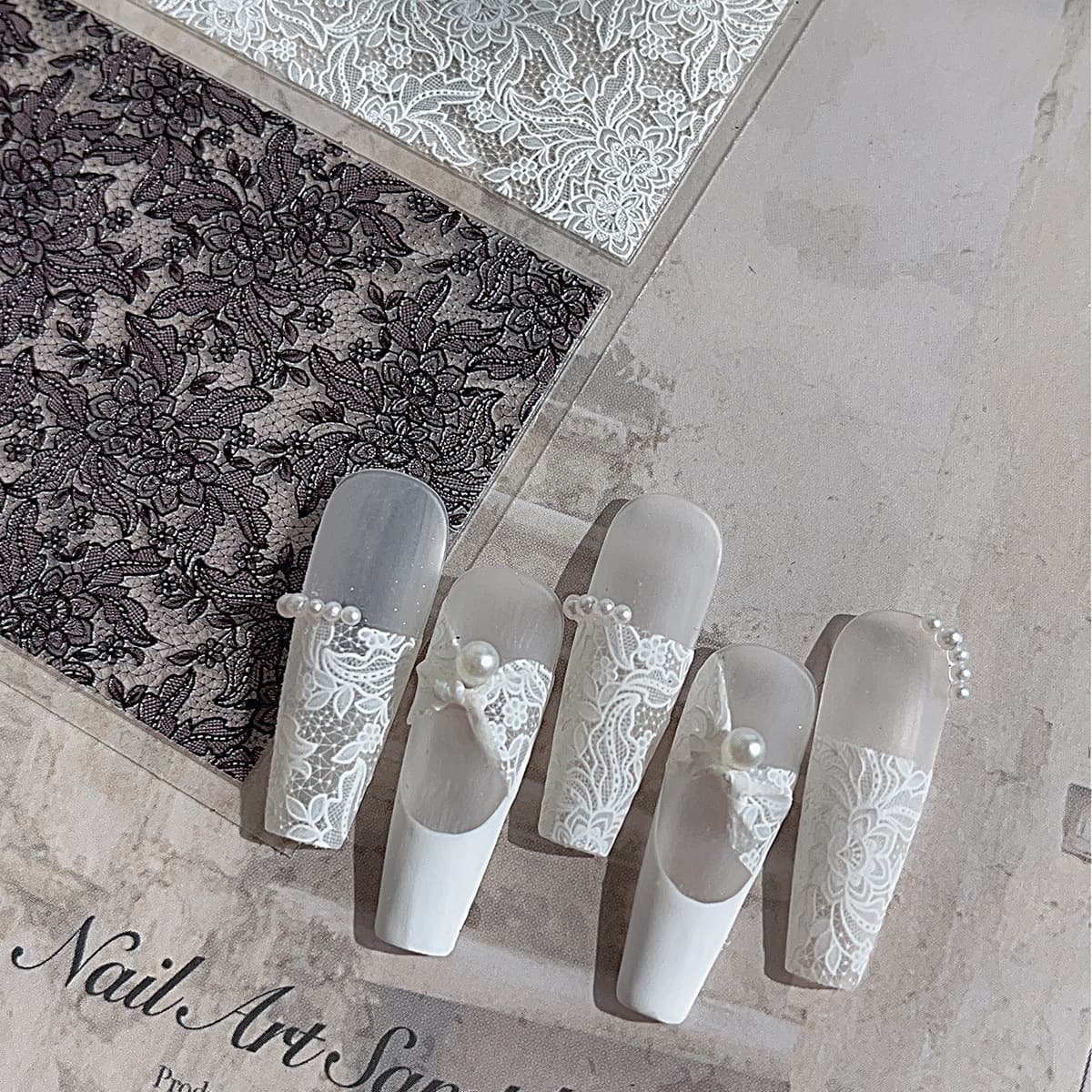 Lace Black and White Nail Stickers Pattern Relief Light Luxury Style with Adhesive Nail Decoration Stickers