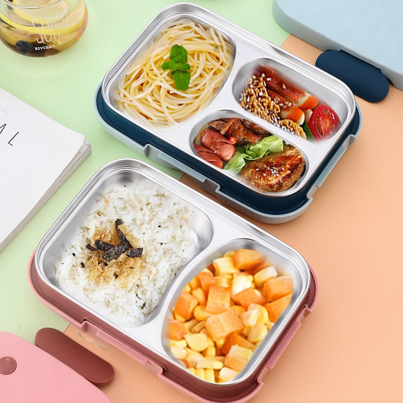 304 Stainless Steel Inner Liner Single-Layer Divided Lunch Box with Hidden Spoon and Chopsticks, Portable Student Lunch Box, Office Worker Divided Lunch Box