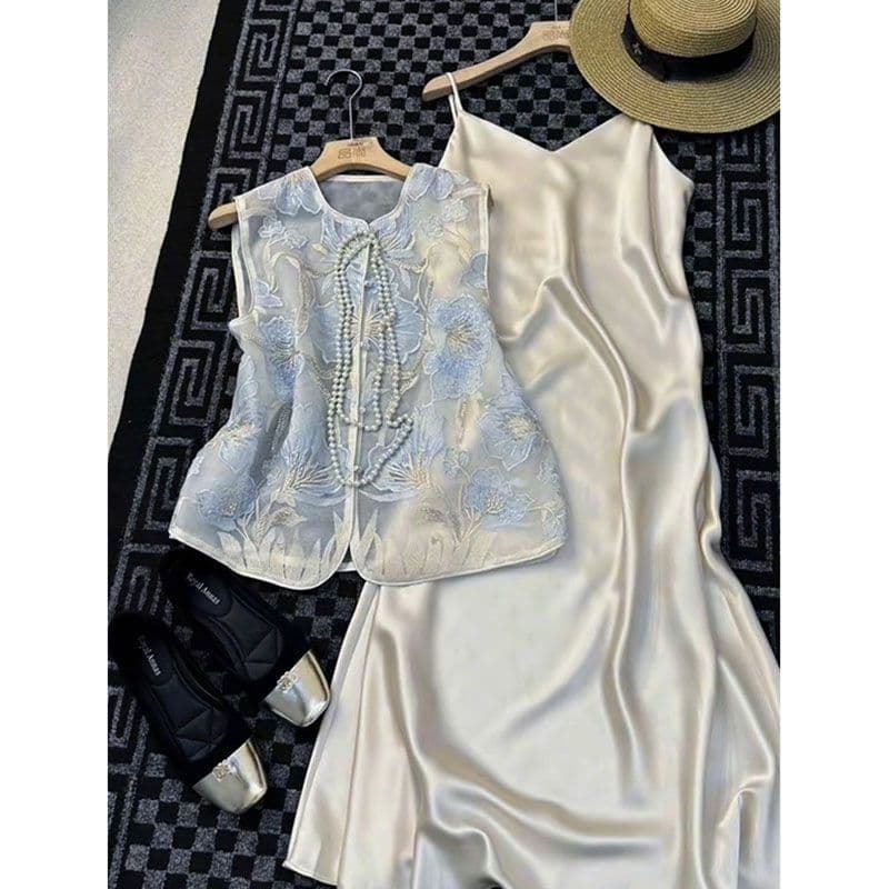 2026 Summer Sun Protection New Chinese Style Women's Outfit Set, Heavy Embroidery Two-Piece Set with Camisole