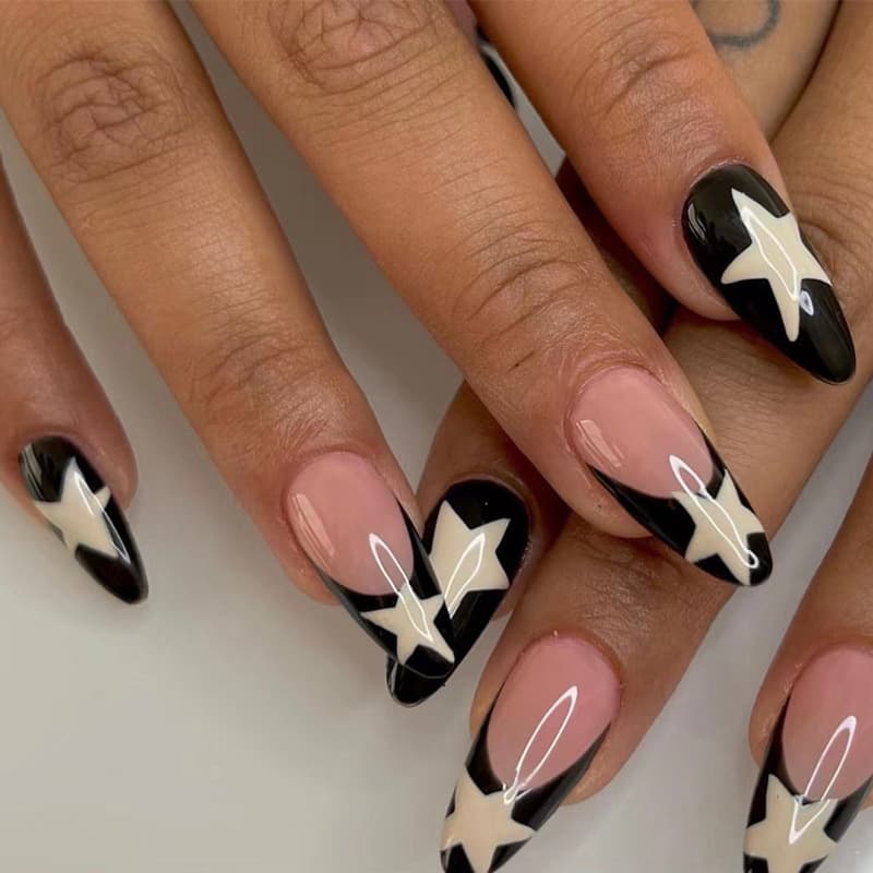 Cross-border Medium-Length Wearable Nails French Black Edge Milky White Five-Point Star Nail Art Wearable Nails