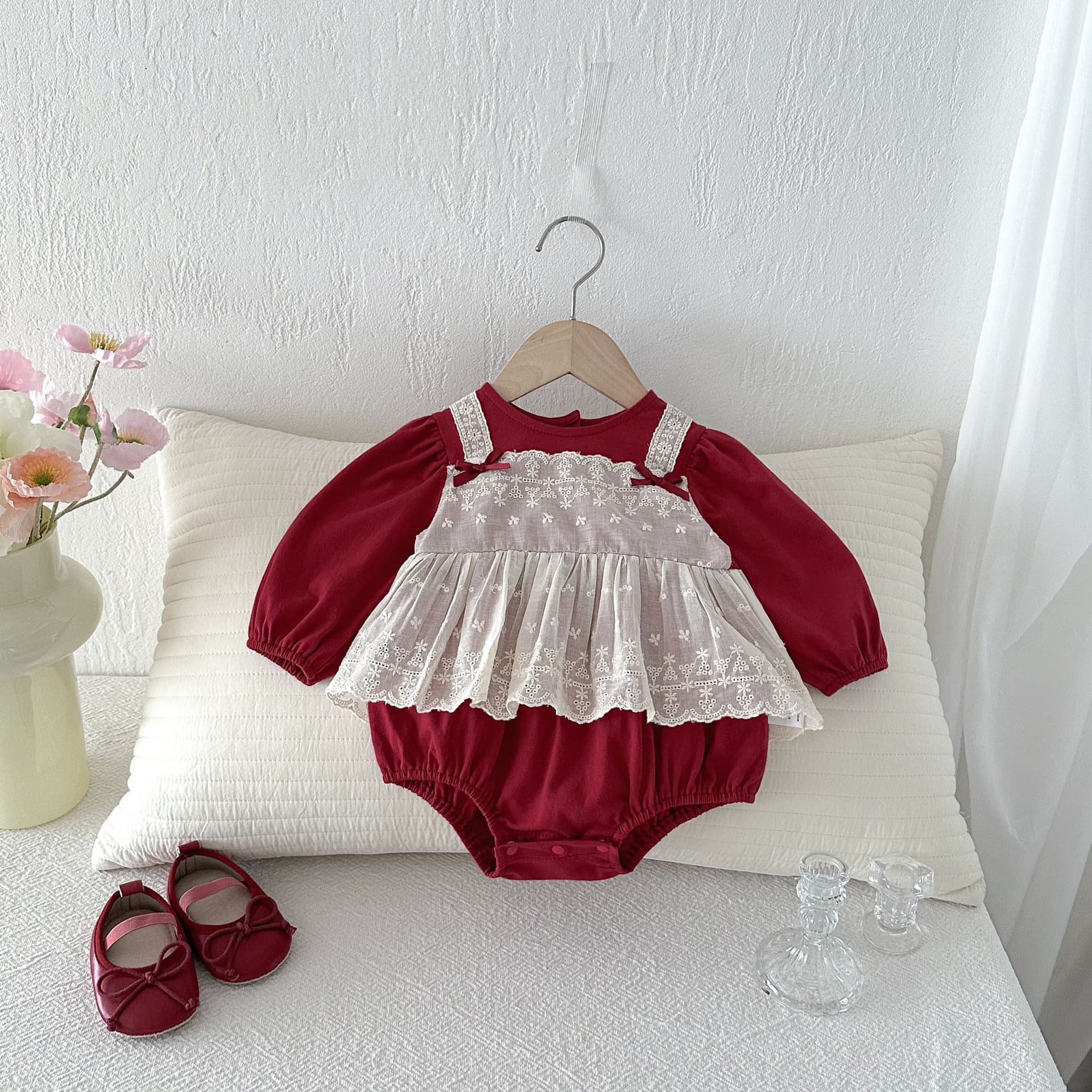 Newborn Baby Girl Autumn Outfit Lace Patch Romper Princess Party Dress with Bodysuit