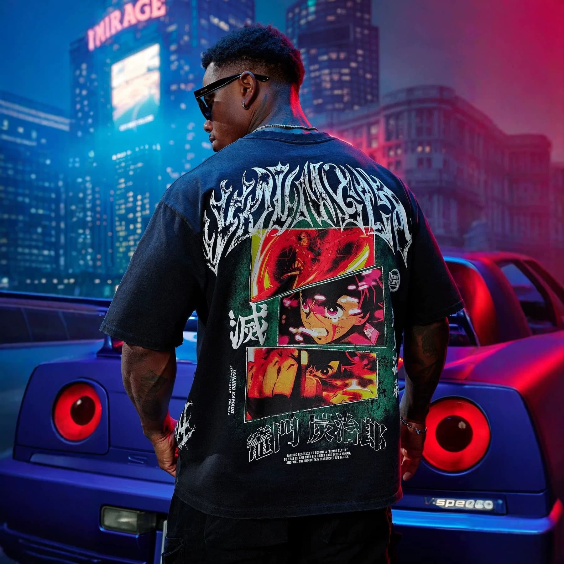 YOUNGLA co-branded DEMON SLAYER theme printed men's oversized T-shirt sports fitness cotton short sleeves
