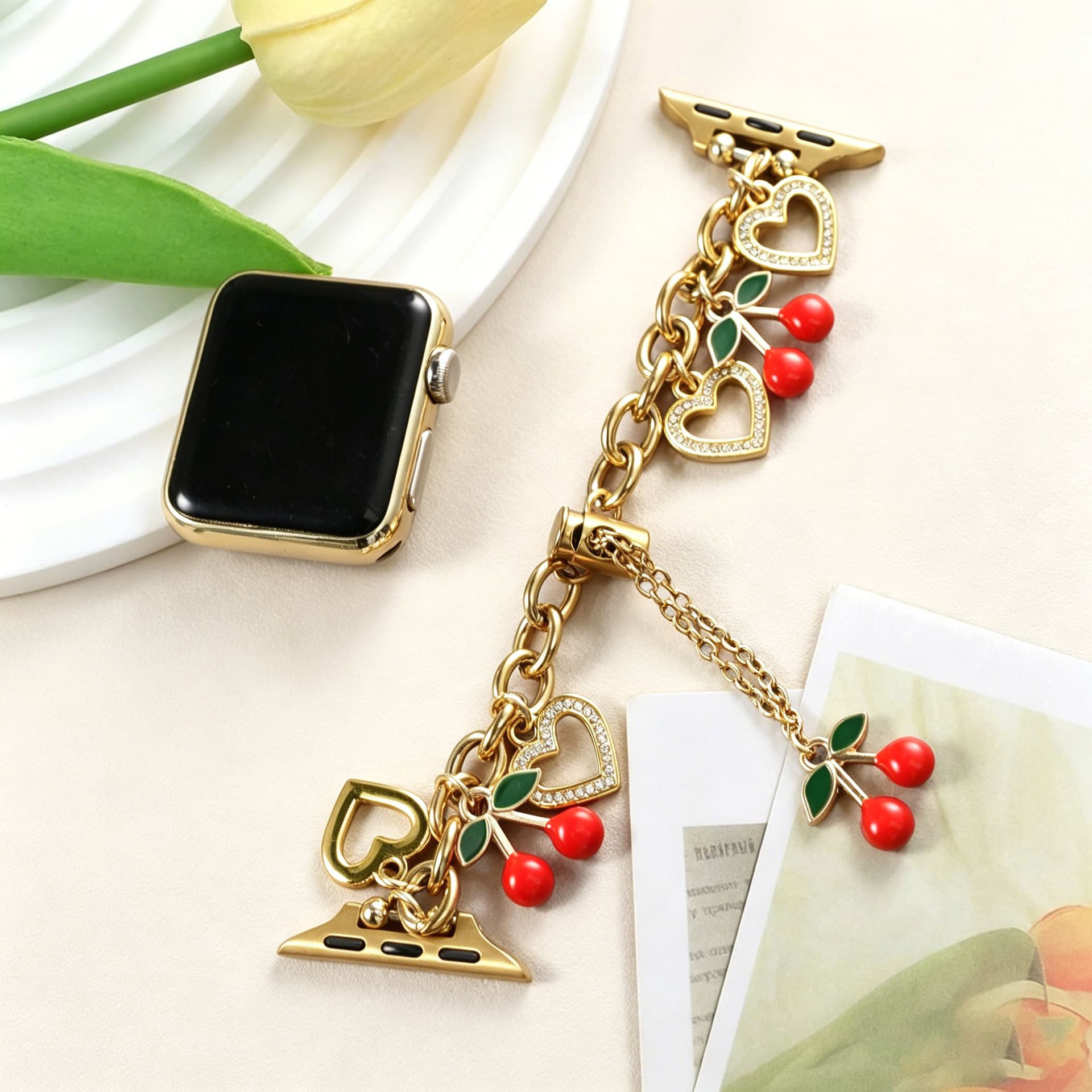 Cross-border Hot Selling Compatible Apple iWatch 11-1/SE Watch Band Rhinestone Heart Metal Chain Strap Cherry Pendant