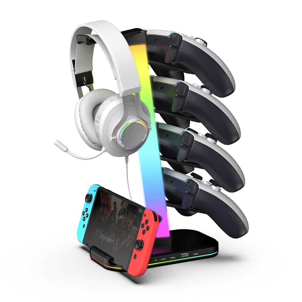 EB08 3-in-1 Multifunctional RGB Headphone Stand with Game Controller Hook and Switch Stand Phone Holder