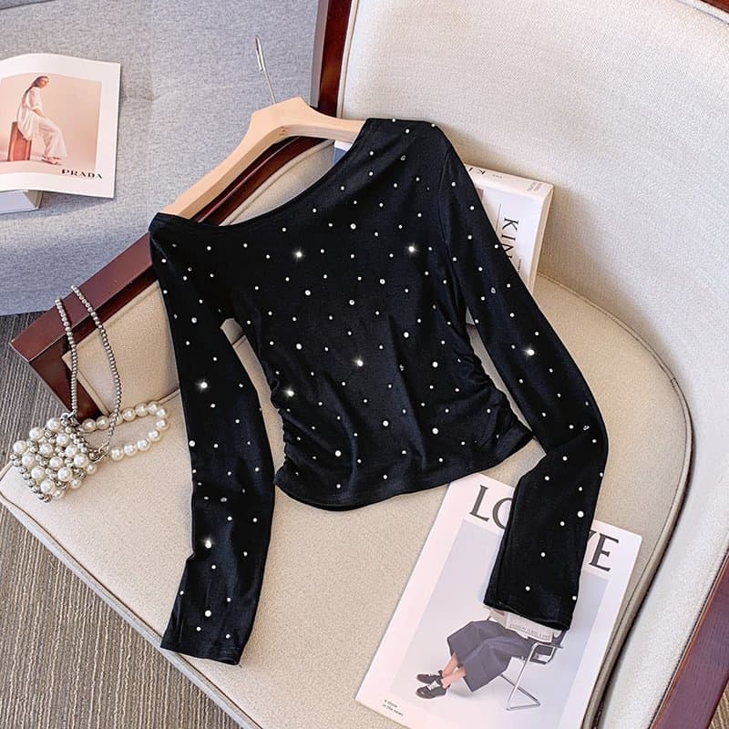 Pure desire slanted shoulder diamond design niche temperament long-sleeved T-shirt women's autumn new slim-fitting high-end versatile top